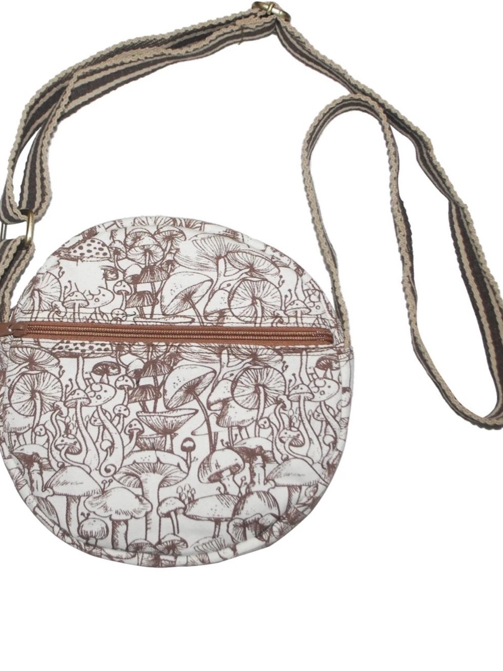 Round Mushroom Print Crossbody Bag in Brown and Cream — Unbranded